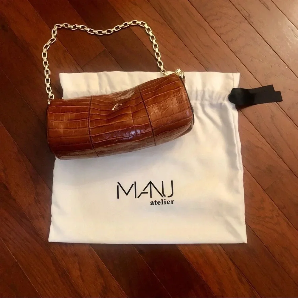 Manu Atelier Shoulder Bag  Brown Leather Gold-Tone Hardware ChainLink wide strap